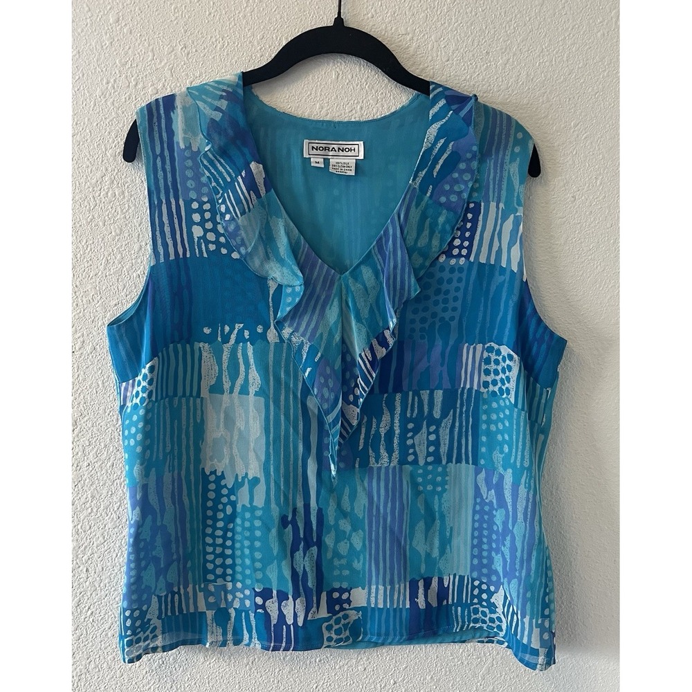 Vintage Nora Noh Blouse Women's Medium Silk Blue Abstract Ruffle Sleeveless